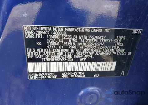 2014 Toyota Rav4 Xle из США, поврежденный, VIN 2T3RFREV8EW224358